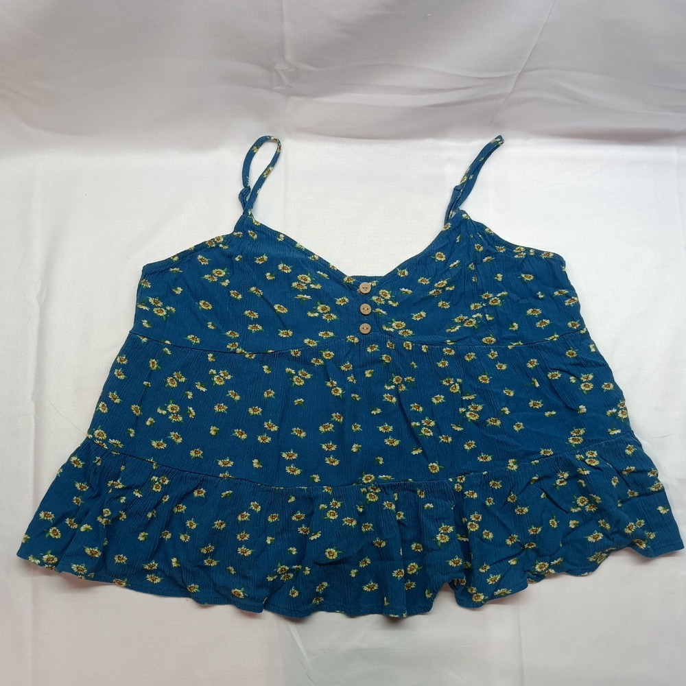 Becool Teal Blue Daisy Floral Peplum Cami Top Womens L Smocked‎ Back Boho Y2K